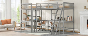 English Elm Wood Twin Loft Bed with Ladders and Dual Built-In L-Shaped Desks for Study & Sleepovers Perfect for Family Retreats Gray GX000444AAE