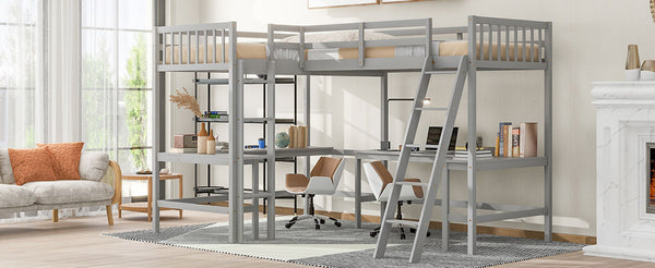 English Elm Wood Twin Loft Bed with Ladders and Dual Built-In L-Shaped Desks for Study & Sleepovers Perfect for Family Retreats Gray GX000444AAE