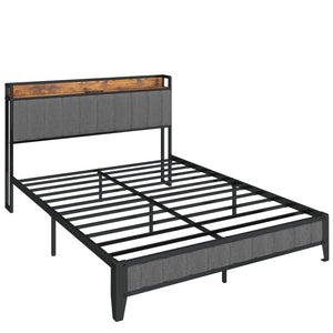 English Elm Queen Upholstered Bed Frame with USB/Outlet Headboard, Metal Platform, 10.4" Storage, Grey W1960131346