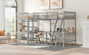 English Elm Wood Twin Loft Bed with Ladders and Dual Built-In L-Shaped Desks for Study & Sleepovers Perfect for Family Retreats Gray GX000444AAE