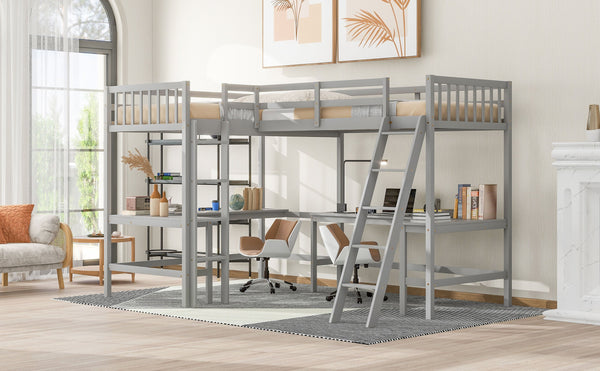 English Elm Wood Twin Loft Bed with Ladders and Dual Built-In L-Shaped Desks for Study & Sleepovers Perfect for Family Retreats Gray GX000444AAE