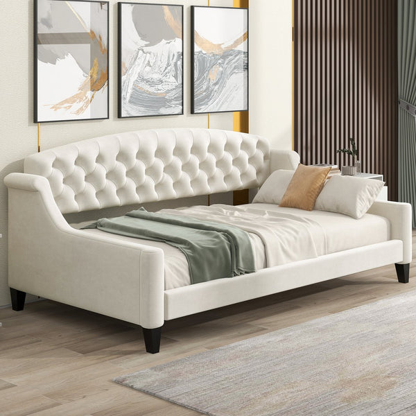 English Elm Modern Luxury Tufted Button Daybed In Beige Velvet - Stylish Twin Sleeper For Chic Spaces & Comfort GX001008AAA-1
