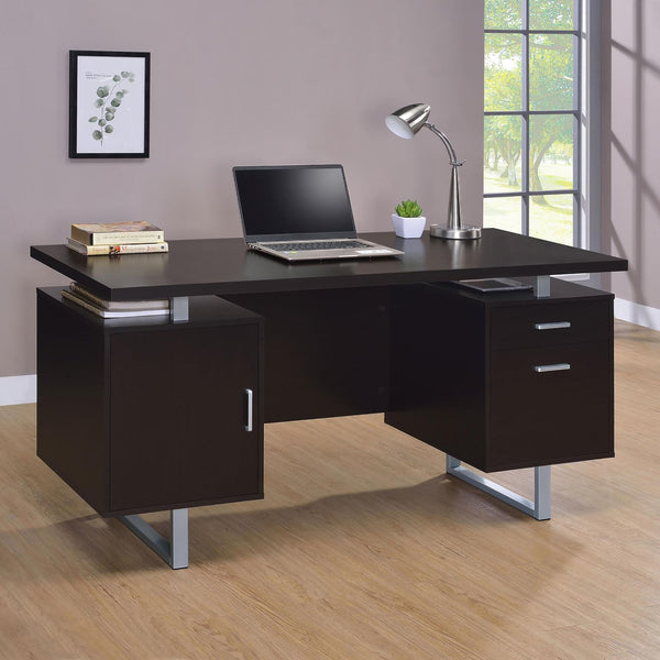 English Elm Cappuccino Mid-Century Floating Top Office Desk with 2 Drawers, Cabinet, File Storage & Power Outlets B062P145425