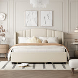 English Elm Upholstered Platform Bed With Wingback Headboard, One Twin Trundle and 2 Drawers, No Box Spring Needed, Linen Fabric, Queen Size Beige