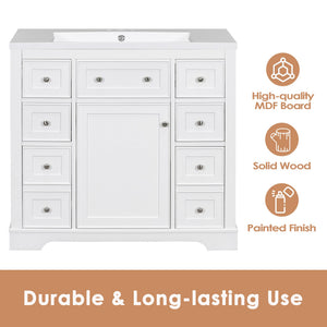 English Elm 36" Modern Bathroom Vanity Cabinet Base with Six Drawers, Adjustable Shelf & Drawer Organizer White WF307973AAK