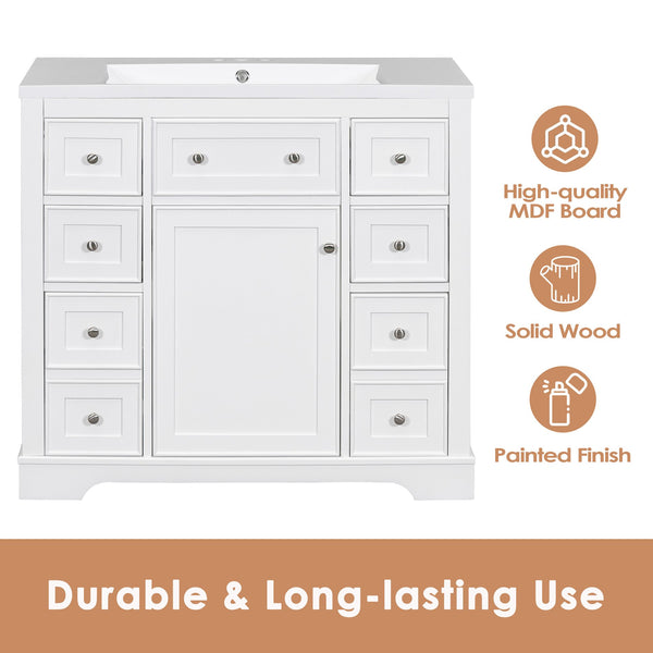 English Elm 36" Modern Bathroom Vanity Cabinet Base with Six Drawers, Adjustable Shelf & Drawer Organizer White WF307973AAK