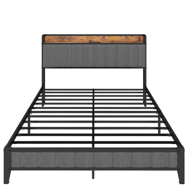 English Elm Full Size Bed Frame with Charging Station, Dark Gray Upholstered Headboard, Metal Platform, USB Ports, 10.4" Storage Clearance, Heavy-Duty Slats W1960131344
