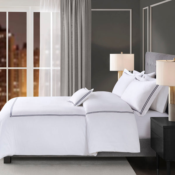 English Elm Full/Queen Luxury 500TC Cotton Sateen Embroidered Comforter Set with Zipper Duvet & Corner Ties White+Navy 12.99 L x 17.52 W x 12.99 H B035129281