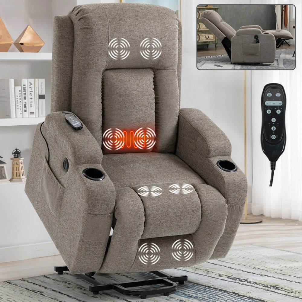 English Elm Infinite Position Power Lift Recliner with Massage Heat Usb and Cup Holders for Elderly W1803S00029