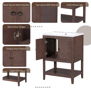 English Elm 24" Modern Sleek Bathroom Vanity with Ceramic Sink, Solid Wood Frame, Waterproof Finish and Open Shelf Storage Brown N725P246473D