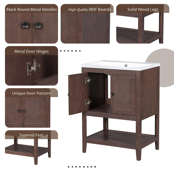 English Elm 24" Modern Sleek Bathroom Vanity with Ceramic Sink, Solid Wood Frame, Waterproof Finish and Open Shelf Storage Brown N725P246473D