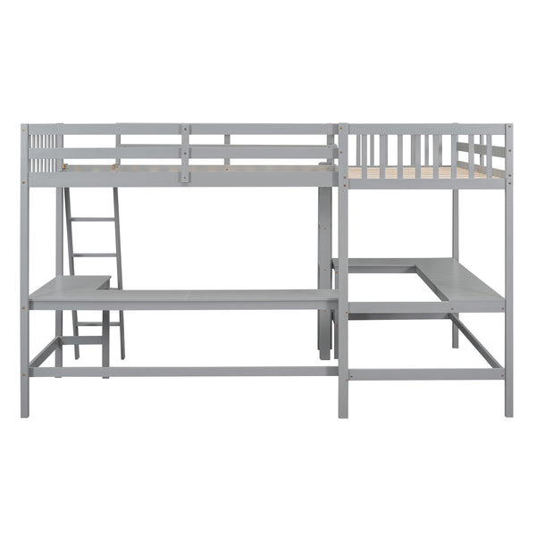 English Elm Wood Twin Loft Bed with Ladders and Dual Built-In L-Shaped Desks for Study & Sleepovers Perfect for Family Retreats Gray GX000444AAE