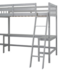 English Elm Wood Twin Loft Bed with Ladders and Dual Built-In L-Shaped Desks for Study & Sleepovers Perfect for Family Retreats Gray GX000444AAE