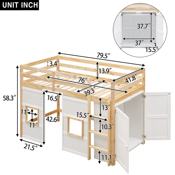 English Elm Wood Twin Loft Bed with Built-In Wardrobe, Play Space Below, Sturdy Pine & MDF Frame, Safe Design Natural+White GX000443AAK