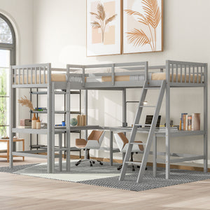 English Elm Wood Twin Loft Bed with Ladders and Dual Built-In L-Shaped Desks for Study & Sleepovers Perfect for Family Retreats Gray GX000444AAE