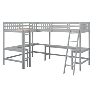 English Elm Wood Twin Loft Bed with Ladders and Dual Built-In L-Shaped Desks for Study & Sleepovers Perfect for Family Retreats Gray GX000444AAE