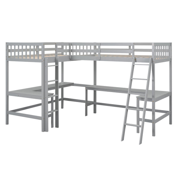 English Elm Wood Twin Loft Bed with Ladders and Dual Built-In L-Shaped Desks for Study & Sleepovers Perfect for Family Retreats Gray GX000444AAE