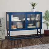 English Elm Stylish Tempered Glass Cabinet Credenza With 2 Fluted Glass Doors Adjustable Shelf U-Shaped Leg Anti-Tip Dust-Free Enclosed Cupboard For Kitchen Living Room Black/ Blue/ White