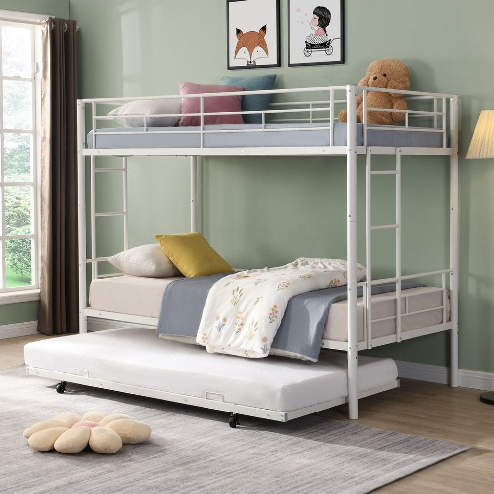English Elm Metal Bunk Bed with Trundle Steel Frame Kids Sleepover Triple Sleeper White W311P145359