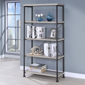 English Elm Grey Grey Driftwood 4-Shelf Bookcase Industrial Wood and Metal Bookshelf 63" Tall Rustic Storage Shelf B062P145557