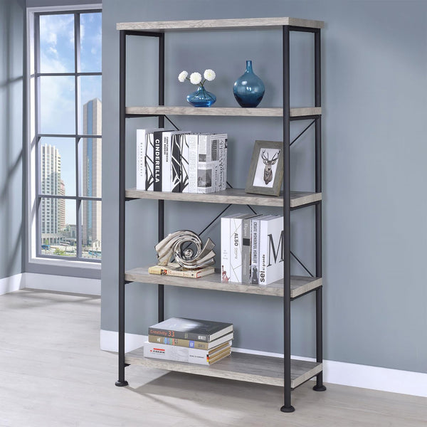 English Elm Grey Grey Driftwood 4-Shelf Bookcase Industrial Wood and Metal Bookshelf 63" Tall Rustic Storage Shelf B062P145557
