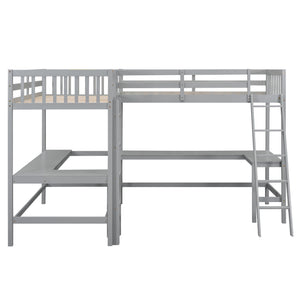 English Elm Wood Twin Loft Bed with Ladders and Dual Built-In L-Shaped Desks for Study & Sleepovers Perfect for Family Retreats Gray GX000444AAE