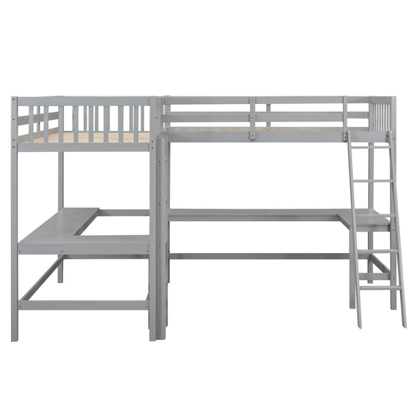 English Elm Wood Twin Loft Bed with Ladders and Dual Built-In L-Shaped Desks for Study & Sleepovers Perfect for Family Retreats Gray GX000444AAE