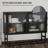 English Elm Stylish Tempered Glass Cabinet Credenza With 2 Fluted Glass Doors Adjustable Shelf U-Shaped Leg Anti-Tip Dust-Free Enclosed Cupboard For Kitchen Living Room Black