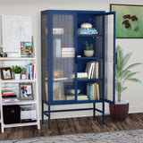 English Elm Double Glass Door Storage Cabinet With Adjustable Shelves and Feet Cold-Rolled Steel Sideboard Furniture For Living Room Kitchen Blue