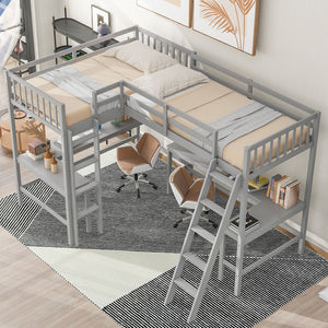 English Elm Wood Twin Loft Bed with Ladders and Dual Built-In L-Shaped Desks for Study & Sleepovers Perfect for Family Retreats Gray GX000444AAE
