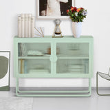 English Elm Stylish Tempered Glass Cabinet Credenza With 2 Fluted Glass Doors Adjustable Shelf U-Shaped Leg Anti-Tip Dust-Free Enclosed Cupboard For Kitchen Living Room Light Green