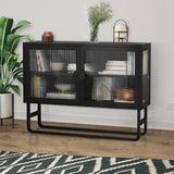 Black Tempered Glass Credenza, 2 Fluted Doors, Adjustable Shelf, U-Shaped Leg, Dust-Free Cupboard