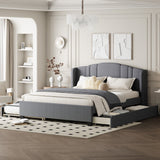 English Elm Upholstered Platform Bed With Wingback Headboard, One Twin Trundle and 2 Drawers, No Box Spring Needed, Linen Fabric, Queen Size Gray