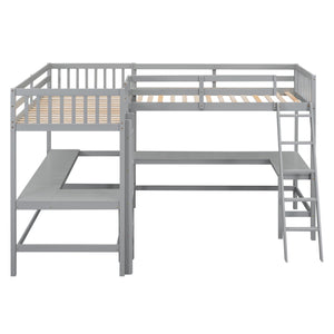 English Elm Wood Twin Loft Bed with Ladders and Dual Built-In L-Shaped Desks for Study & Sleepovers Perfect for Family Retreats Gray GX000444AAE
