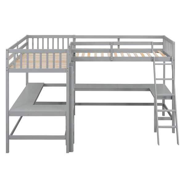 English Elm Wood Twin Loft Bed with Ladders and Dual Built-In L-Shaped Desks for Study & Sleepovers Perfect for Family Retreats Gray GX000444AAE