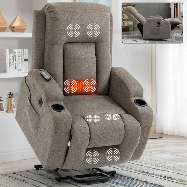English Elm Infinite Position Power Lift Recliner with Massage Heat Usb and Cup Holders for Elderly W1803S00029