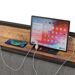 English Elm Full Size Bed Frame with Charging Station, Dark Gray Upholstered Headboard, Metal Platform, USB Ports, 10.4" Storage Clearance, Heavy-Duty Slats W1960131344