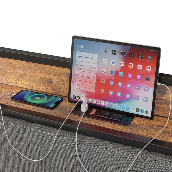 English Elm Full Size Bed Frame with Charging Station, Dark Gray Upholstered Headboard, Metal Platform, USB Ports, 10.4" Storage Clearance, Heavy-Duty Slats W1960131344