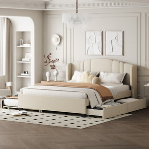 English Elm Upholstered Platform Bed With Wingback Headboard, One Twin Trundle and 2 Drawers, No Box Spring Needed, Linen Fabric, Queen Size Beige