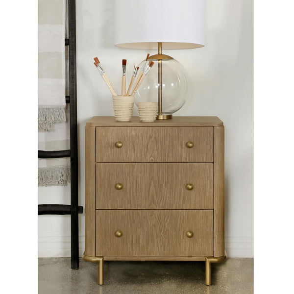 English Elm Sand Wash Three-Drawer Nightstand with Dual USB Ports, Blonde Sandwash Mid-Century Boho Bedroom Piece B062P145556