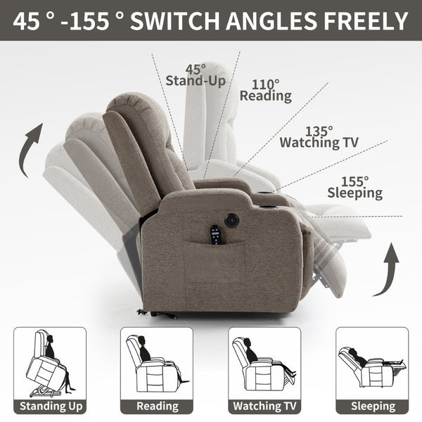 English Elm Infinite Position Power Lift Recliner with Massage Heat Usb and Cup Holders for Elderly W1803S00029