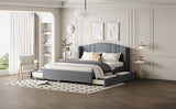 English Elm Upholstered Platform Bed With Wingback Headboard, One Twin Trundle and 2 Drawers, No Box Spring Needed, Linen Fabric, Queen Size Gray