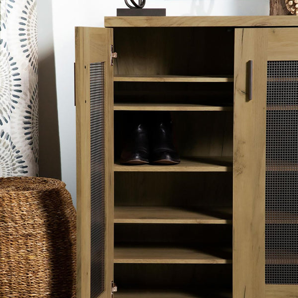 English Elm Golden Oak Elegant Storage Cabinet with Gunmetal Mesh Doors, 6 Compartments, 37.75"H x 31.5"W Rustic Chic Organizational Solution B062P145428
