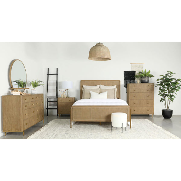 English Elm Sand Wash Three-Drawer Nightstand with Dual USB Ports, Blonde Sandwash Mid-Century Boho Bedroom Piece B062P145556