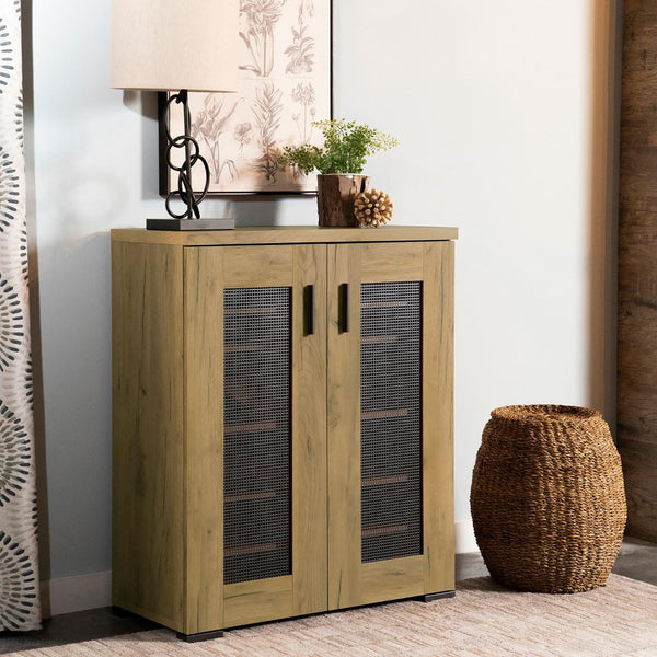 English Elm Golden Oak Elegant Storage Cabinet with Gunmetal Mesh Doors, 6 Compartments, 37.75"H x 31.5"W Rustic Chic Organizational Solution B062P145428
