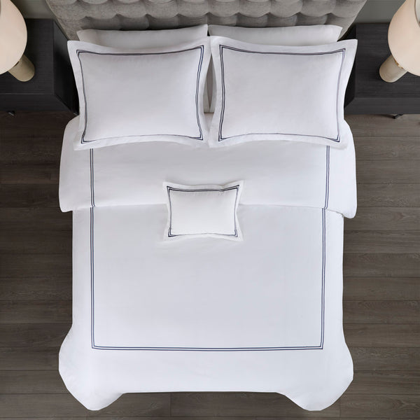 English Elm Full/Queen Luxury 500TC Cotton Sateen Embroidered Comforter Set with Zipper Duvet & Corner Ties White+Navy 12.99 L x 17.52 W x 12.99 H B035129281