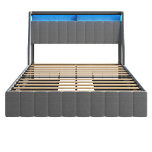 English Elm Full Upholstered Full Bed with RGB LED Headboard, 4 Sliding Storage Drawers, Wings Design LIGHT GREY W1960S00001