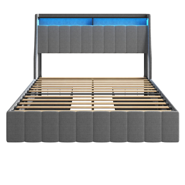 English Elm Full Upholstered Full Bed with RGB LED Headboard, 4 Sliding Storage Drawers, Wings Design LIGHT GREY W1960S00001