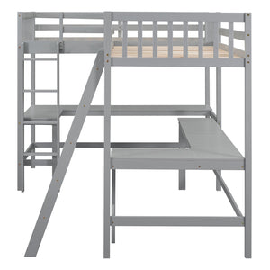 English Elm Wood Twin Loft Bed with Ladders and Dual Built-In L-Shaped Desks for Study & Sleepovers Perfect for Family Retreats Gray GX000444AAE