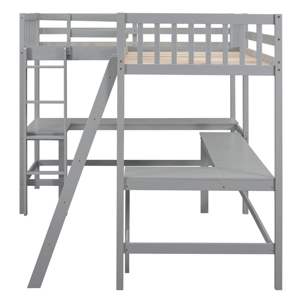 English Elm Wood Twin Loft Bed with Ladders and Dual Built-In L-Shaped Desks for Study & Sleepovers Perfect for Family Retreats Gray GX000444AAE